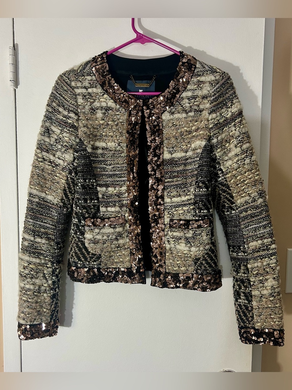 Gryphon Elle Jacket, Virgin Wool, Black & Cream with Sequin Trim, Size Small
